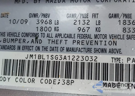 2010 Mazda Mazda3 I Touring z USA, uszkodzony, nr VIN JM1BL1SG3A1223032